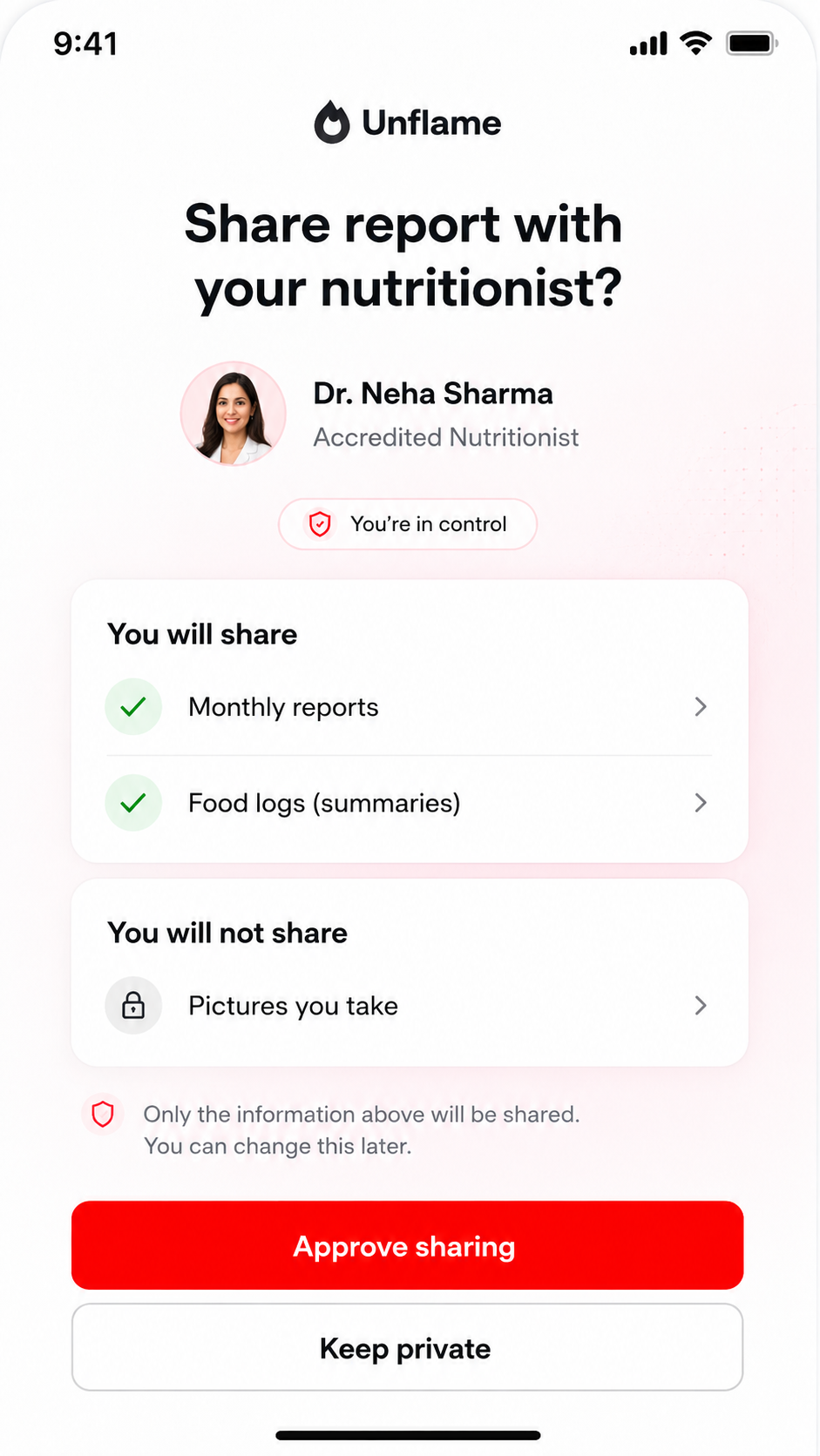 Unflame screen asking a user to approve sharing monthly reports and food log summaries with Dr. Neha Sharma